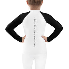 Load image into Gallery viewer, CHOOSE WILDERNESS Kids/Black and White Rash Guard/ Dark Green Logo