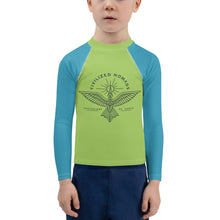 Load image into Gallery viewer, Civilized Nomads "Custodians of Earth" Kids Green and Aqua Rash Guard