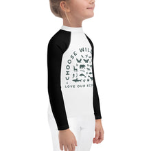 Load image into Gallery viewer, CHOOSE WILDERNESS Kids/Black and White Rash Guard/ Dark Green Logo