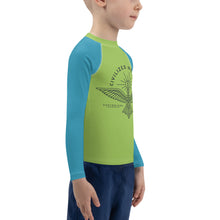 Load image into Gallery viewer, Civilized Nomads "Custodians of Earth" Kids Green and Aqua Rash Guard