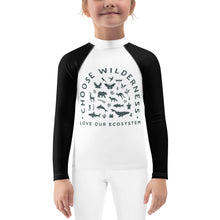 Load image into Gallery viewer, CHOOSE WILDERNESS Kids/Black and White Rash Guard/ Dark Green Logo