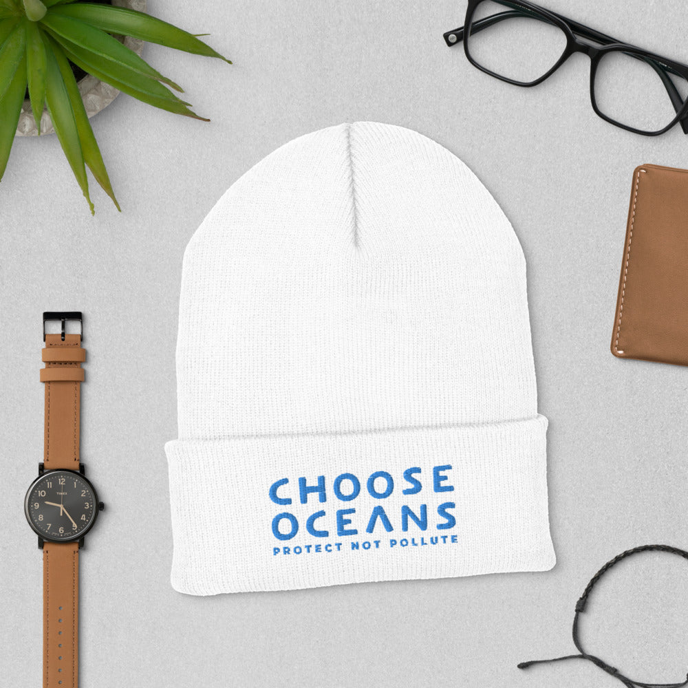 Choose Oceans - Protect Not Pollute - Embroidered unisex cuffed beanie